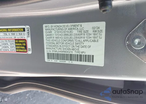 2024 Honda Odyssey Ex-L from USA, damaged, VIN 5FNRL6H64RB043216